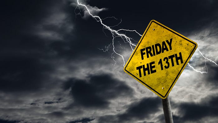 Lightning striking a yellow sign that says friday the 13th