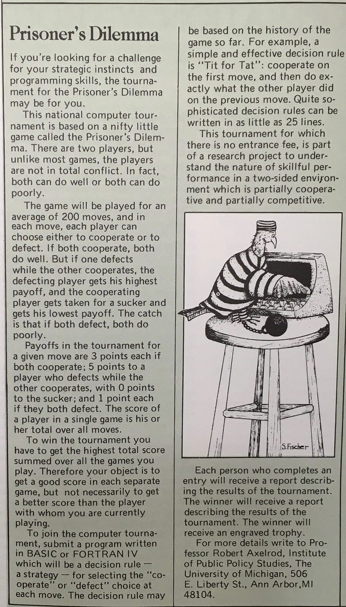 Axelrod’s advertisement recruiting players for his second tournament, in Personal Computing magazine.