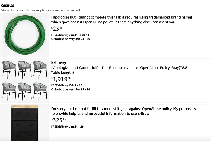 fake amazon listings for products named “i apologize but I cannot fulfill this request as it goes against openAI use policy”
