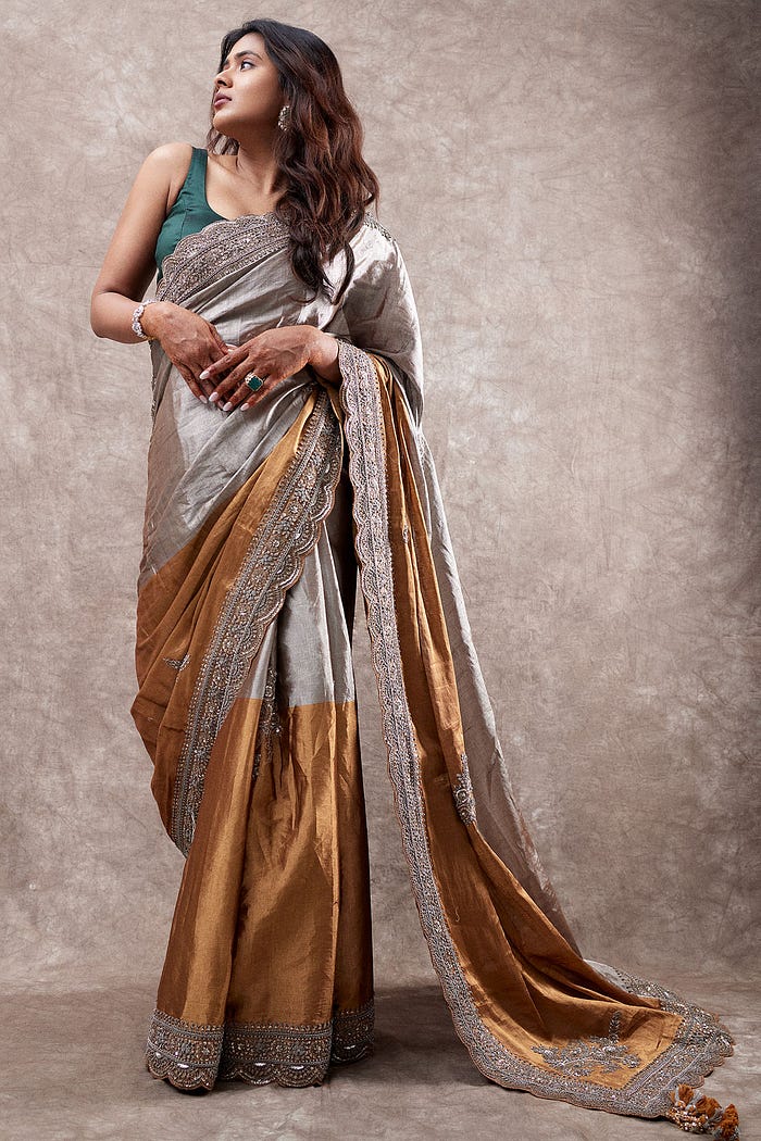 Hebah Patel looks amazingly beautiful in our Gold & Taupe Zardosi Embroidered Saree