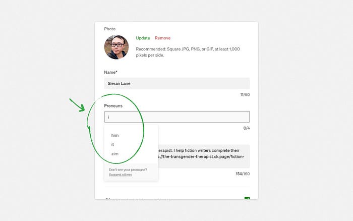 screenshot for step 3 showing pronoun options mentioned in the text