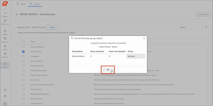 Success Dialog for Importing Groups from Active Directory