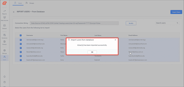Success Dialog for Importing Users from Database
