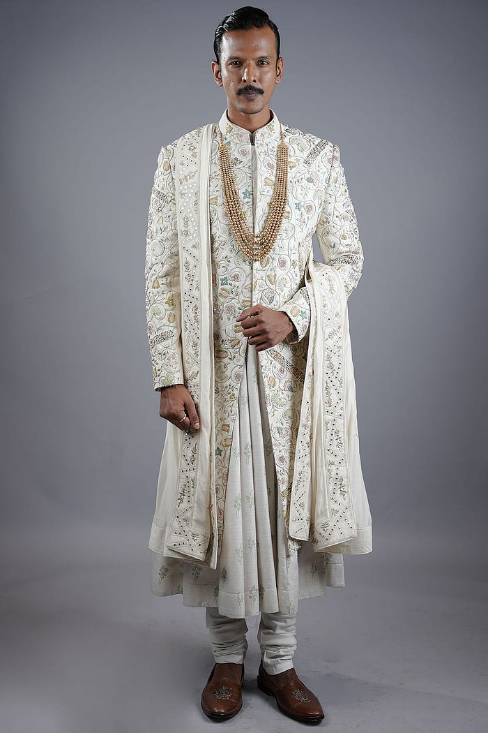 Cream Resham Embroidered Raw Silk Wedding Sherwani