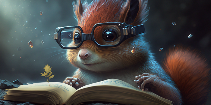 A cute squirrel reading a book.