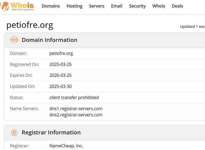 Domain registration information for the phishing link website.