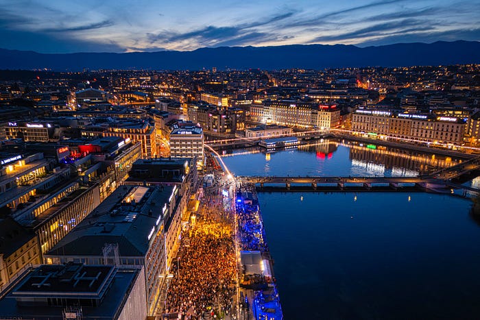 Geneva city night view during Watches And Wonders event