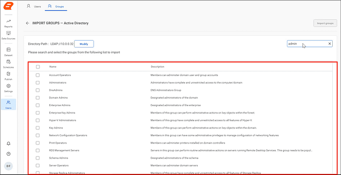 Import Groups page for Active Directory