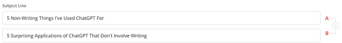 screenshot of two subject line options in convertkit on the theme of ???x ways to use ChatGPT that don???t have to do with writing???