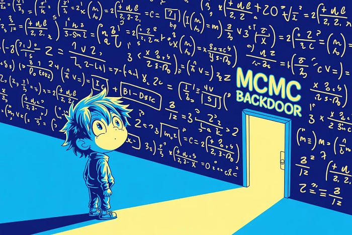 베이즈 정리 수식에서 분모 항을 'MCMC 뒷문'으로 표시한 다이어그램이다.