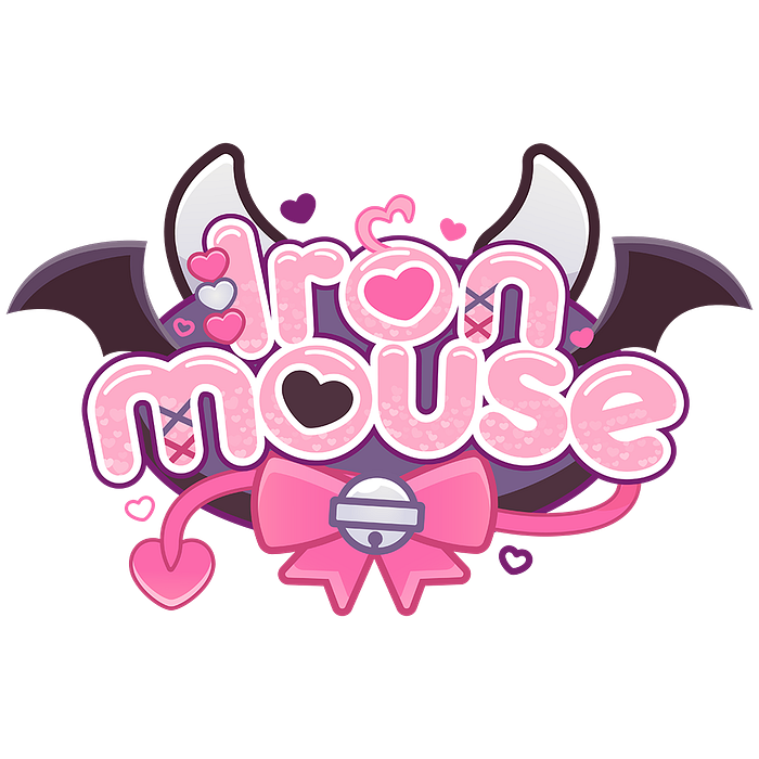 Ironmouse’s pink and purple logo with bat wings, horns, a devil tail, and a bell with a pink bow.