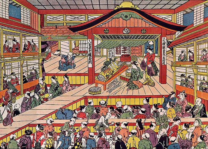 Like Kabuki, a Japanese theatre mixed with dramatic performance with traditional dance, your senses are overloaded not only by the stage design and performance, but also by the audience and the entire surroundings. (image source: wikipedia)