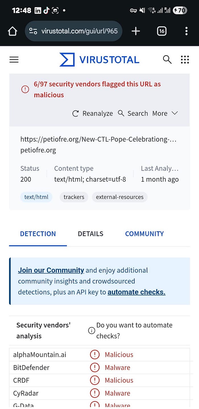 Screenshot of the results from the VirusTotal URL scan