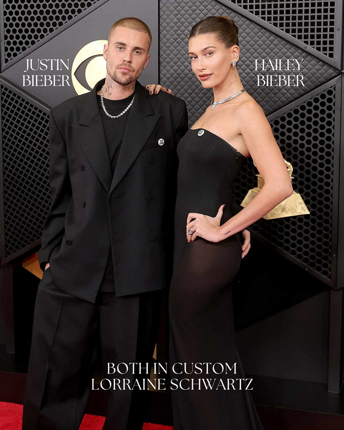 Justin Bieber and Hailey Bieber at the Grammy Awards wearing custom Lorraine Schwartz jewelry, featuring diamond necklaces, rings, and minimalist red carpet styling.