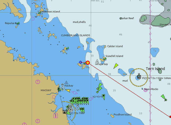 Author screenshot of electronic chart with Chinese coalships in green waiting outside Hay Point Coal Loader in Queensland, August 2022