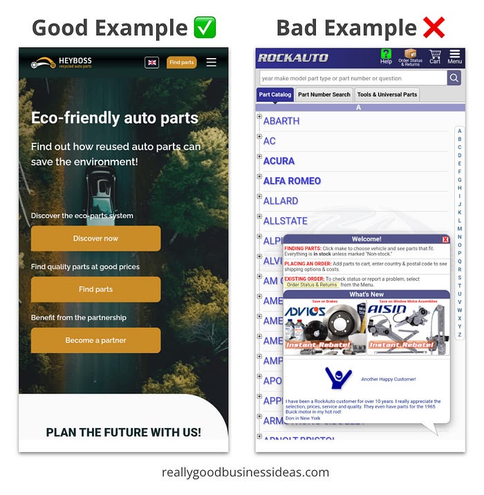Side-by-side comparison of a good vs. bad landing page. The good example (left) features a clean, modern design with clear CTAs and benefits. The bad example (right) shows a cluttered, outdated interface with overwhelming navigation and pop-ups.