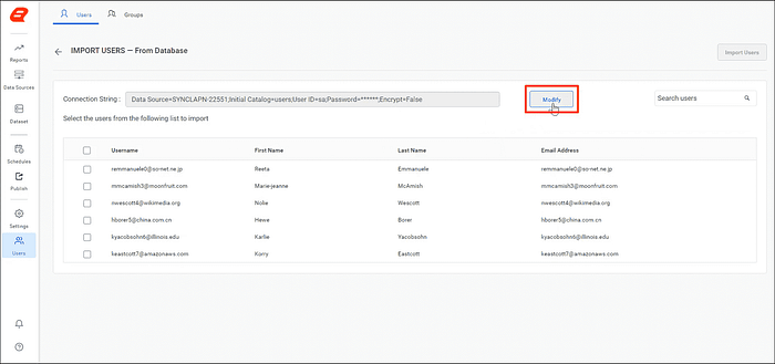 List of Users Displayed in the Import Page for Database