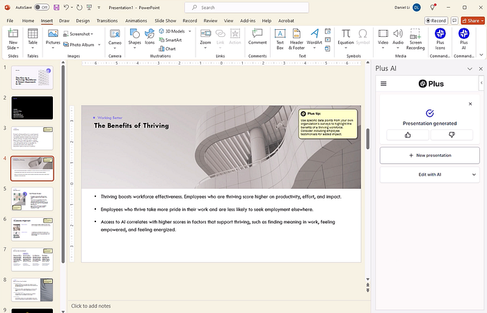 Plus AI slide generator in PowerPoint. Image by Jim Clyde Monge