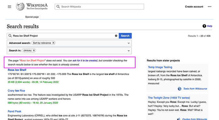 Wikipedia search results page with a default message highlighted saying the page does not exist, while practically the same page exists as a search result right below.