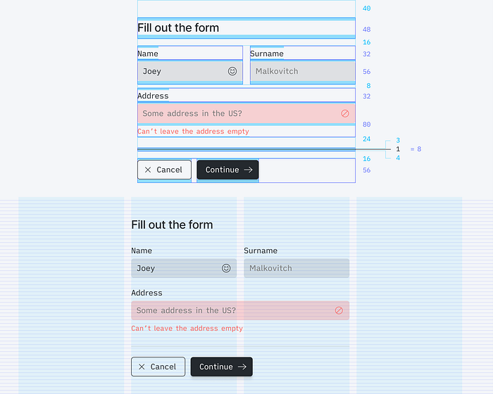 A Form with a strong focus on its Separator component, displayed over the baseline on one hand, and with its internal paddings and spacers highlighted on the other hand.