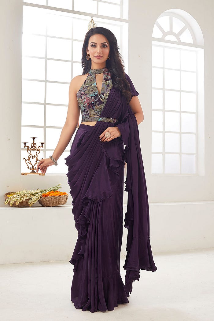 Dark Violet Bead Embroidered Crepe Saree