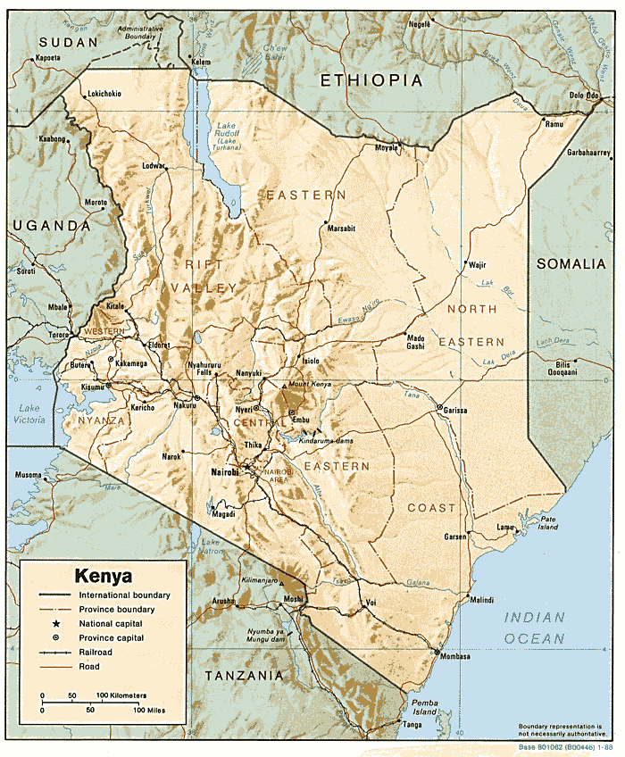 A map of Kenya showing that the Equator cuts the country into roughly northern and southern halves.