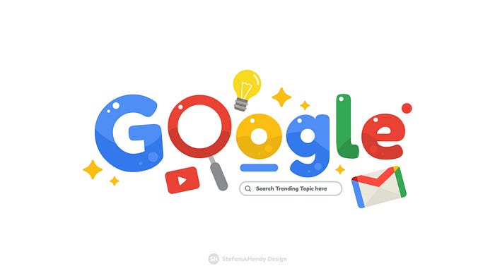 The Google logo in blue, red, yellow, and green. It is surrounded by sparkles, the YouTube and Gmail logos, and a light bulb.