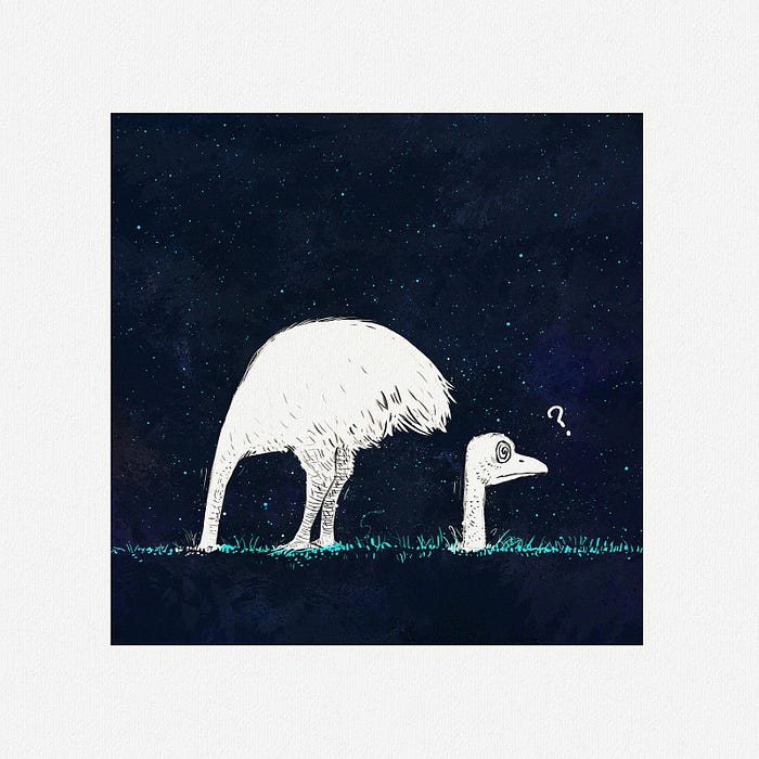 An illustrated image of an ostrich with its head stuck in the ground and then re-emerging behind it.