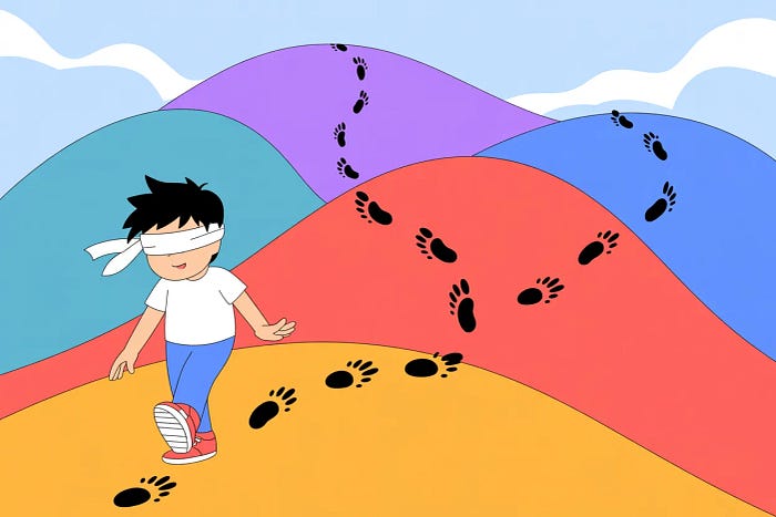 언덕 지형 위에 찍힌 발자국들이 마르코프 체인을 형성하는 모습이다.