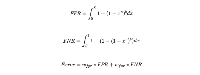 For each combination, calculate the weighted sum of the False Positive rate and False Negative rate: