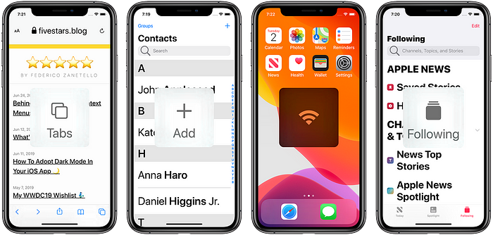 Four iPhones next to each other, with each showing Apple’s Large Content Viewer in use, which shows an action button in large format in the center of the screen.