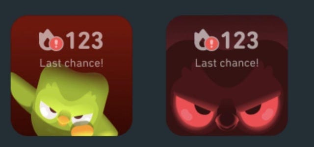 Two images of the Duolingo widget reading, “Last chance!” with the green owl illustration glaring at the viewer.