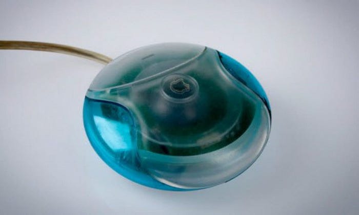 The hockey puck style mouse, round and coloured blue.