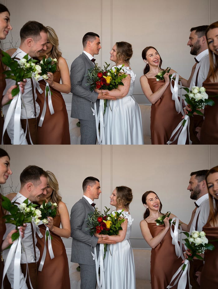 “wedding photo restoration before after” — showing a black and white 1960s wedding portrait colorized with realistic, warm tones.