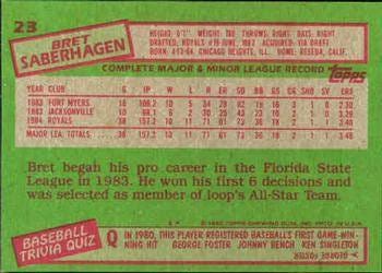 1985 Topps Bret Saberhagen #23 Baseball Card Kansas City Royals (2x CYA/WS MVP