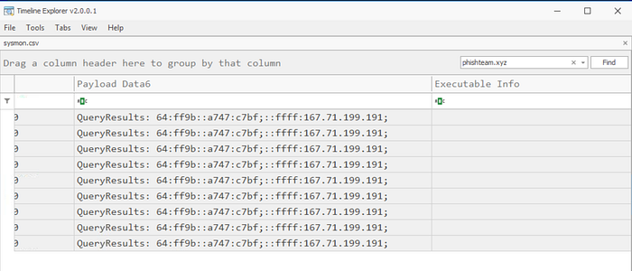 Timeline Explorer showing DNS events for phishteam[.]xyz resolved to 167[.]71[.]199[.]191.