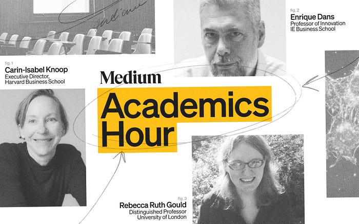 Image includes our three panelists from Academics Hour: Carin-Isabel Knoop, Rebecca Ruth Gould, and Enrique Dans.