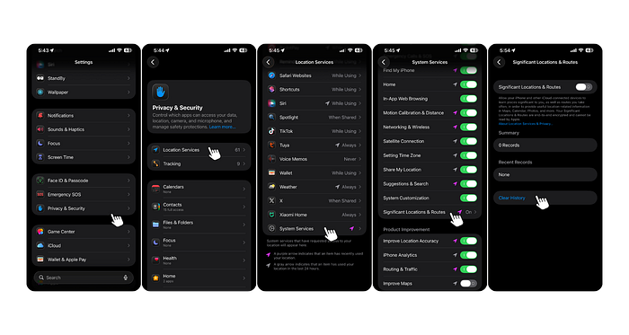 iPhone screenshot showing the settings menu path under Privacy & Security to find Significant Locations & Routes