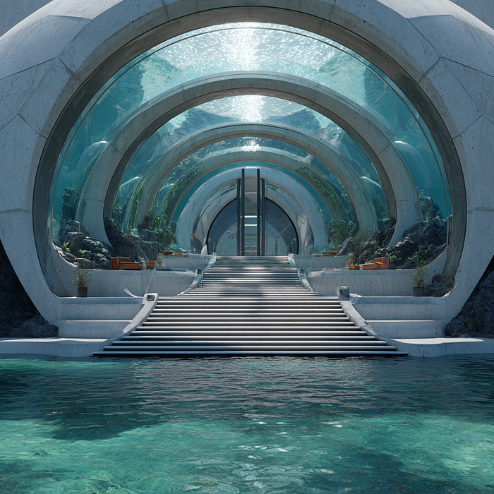 The exterior of a large, futuristic municipal aquarium
