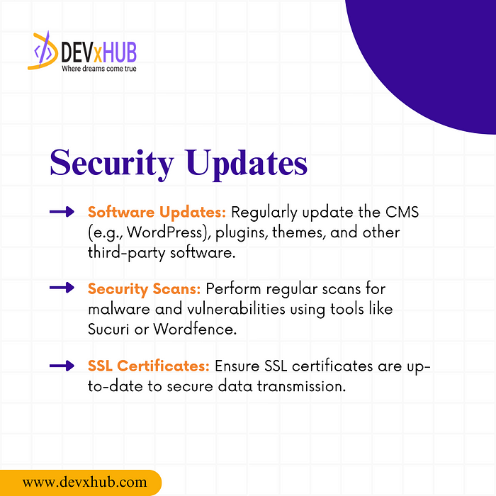 Security Updates: → Stay safe by regularly updating your CMS, plugins, and themes. Run security scans and maintain active SSL certificates.