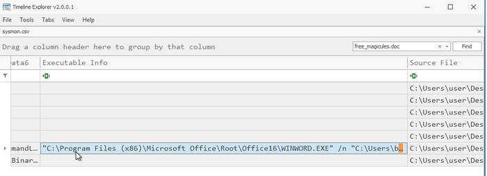 Timeline Explorer showing free_magicules.doc open in Microsoft Word.