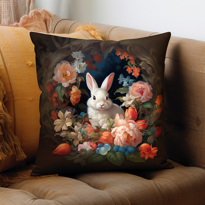 Professional mockup with Midjourney, bunny and floral cushion