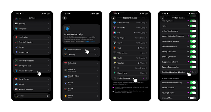 iPhone screenshot showing the settings menu path under Privacy & Security to find Significant Locations & Routes