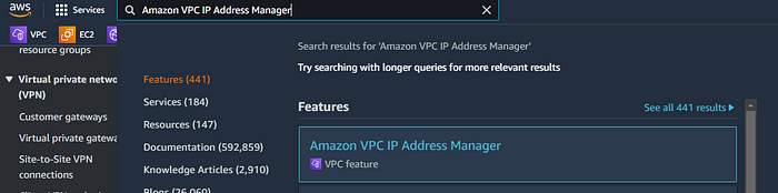 在搜尋欄搜尋 Amazon VPC IP Address Manager 或是透過 VPC 左邊選單最下方選擇 VPC IP Address Manager