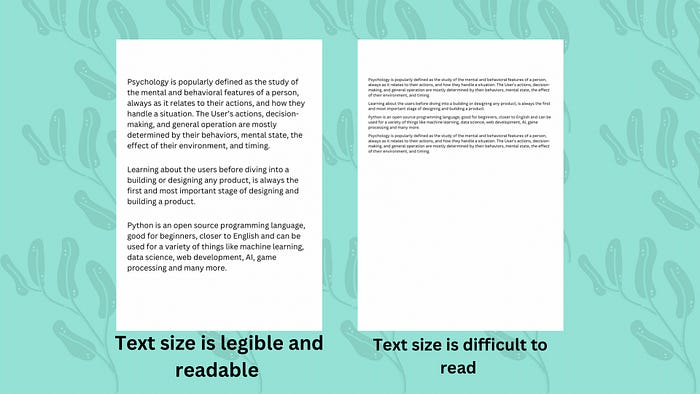 A page with legible text size and difficult-to-read text size compared