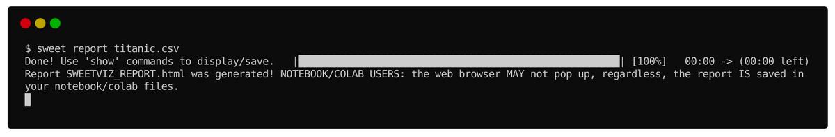 Generating analysis for Titanic dataset with Sweetwiz command line interface (CLI)
