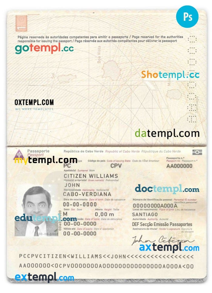Cabo Verde passport PSD download template by Intempl Passport