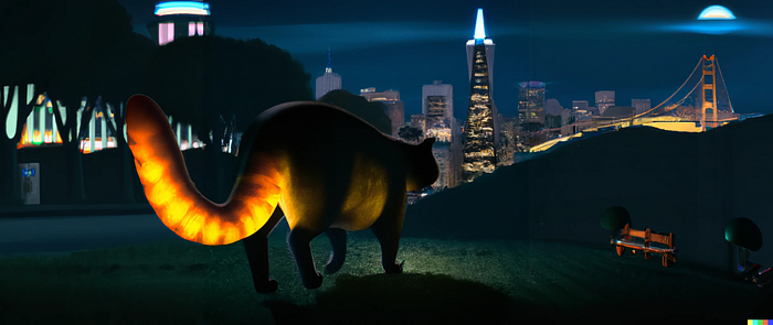 a cat with a glowing tail walking around in a park at night with the San Francisco skyline in the background, rendering by Pixar — created with Dall E 2