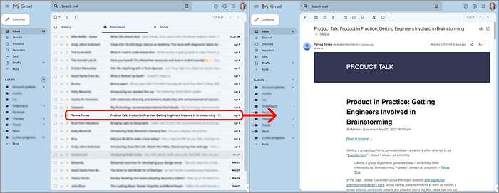 Gmail: List arrow to full page